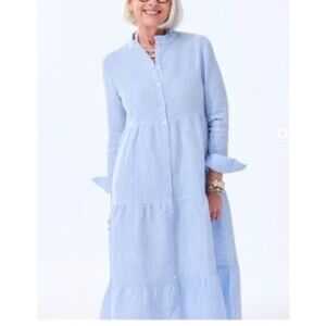 Alice Walk long sleeve linen tiered dress light blue NWT Nantucket coastal small